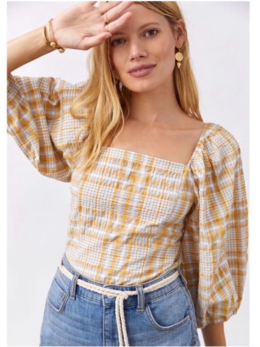 Maeve Yellow Plaid Smocked Square-Neck Puff Sleeve Top